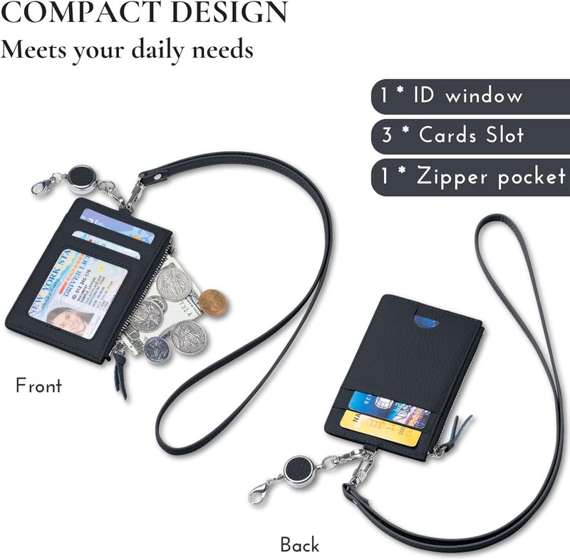 EutDett Leather Badge Holder with Lanyard, Lanyard Wallet for Women & Men, Leather Lanyards for id Badges, Women's ID Case with Zipper Pocket for Teacher Nurse Student (Black) - Image 2
